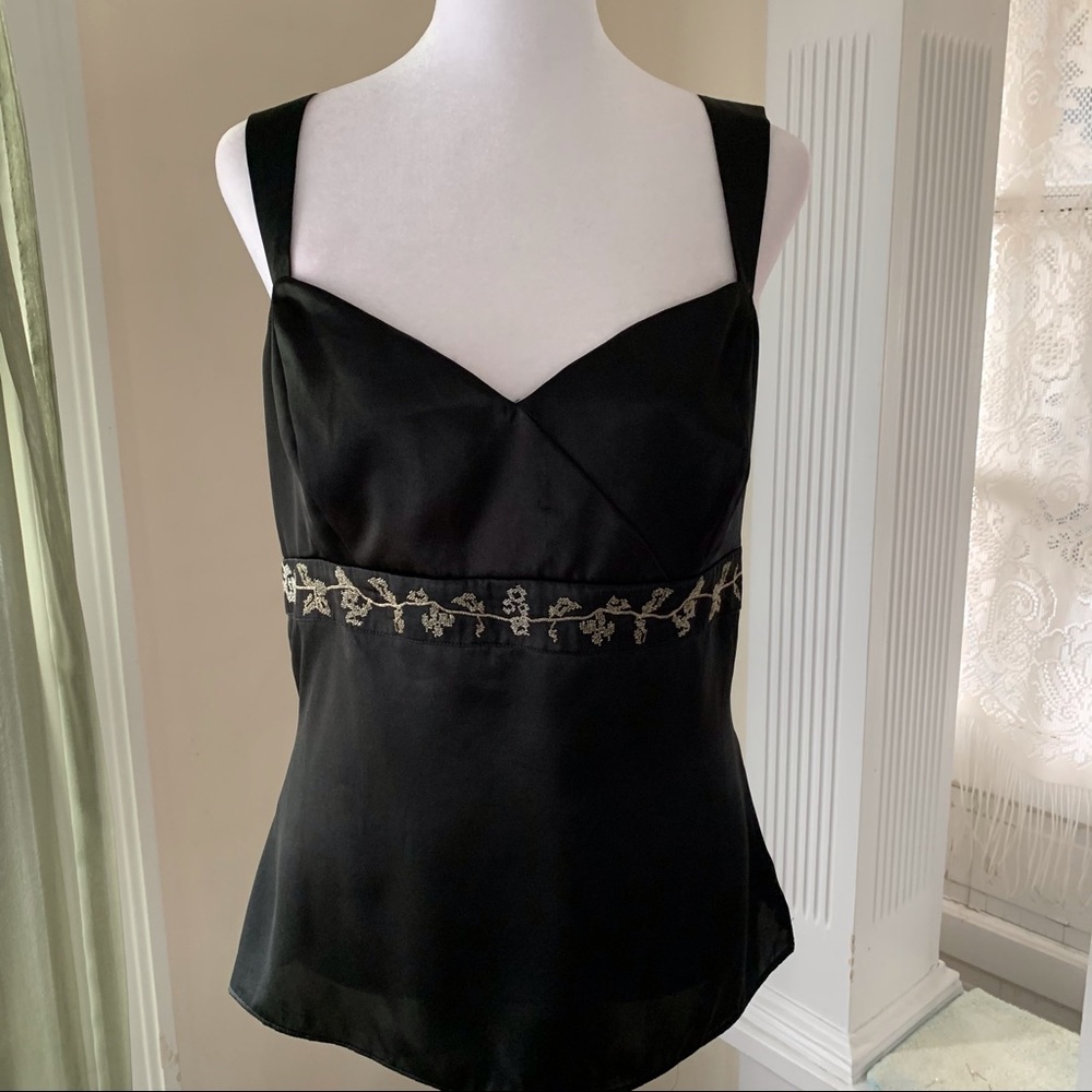 Tahari ASL metallic threading embellished shiny satin black sleeveless top